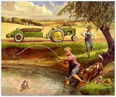 #ad John Deere Tractor Boy Fishing Dog Fleece Blanket Throw 50x60 farmer rancher