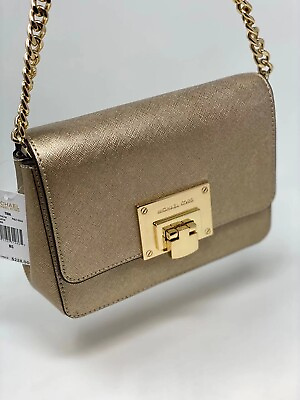 #ad Michael Kors Tina Convertible Crossbody Saffiano Leather Clutch Bag Gold