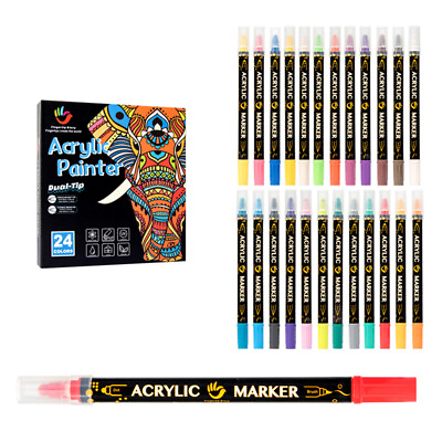 #ad 24 Acrylic Paint Markers Vibrant Color Assortment Dual Quick Dry K6A7