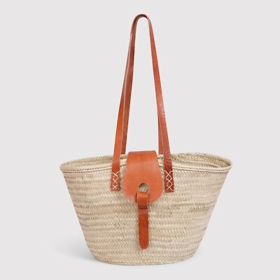 #ad FRENCH BASKET straw bag with leather handles beach bag straw bag market basket