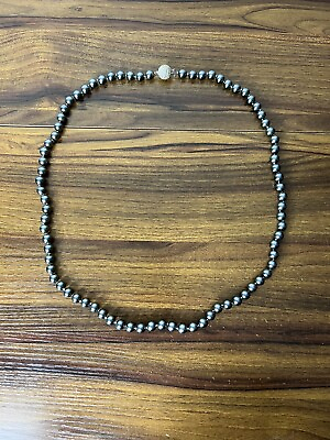 #ad Vintage FM black simulated pearl Knotted Beaded Necklace rhinestone ball closure