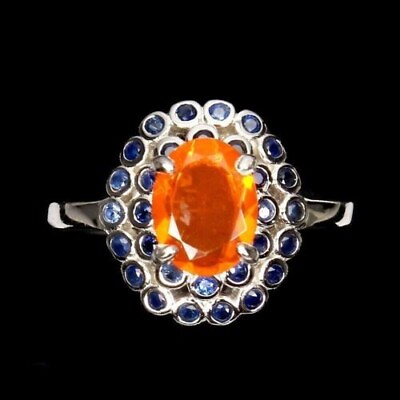 #ad Ring Orange Fire Opal Blue Sapphire Mined Gems Sterling Silver Size L 1 2 US 6