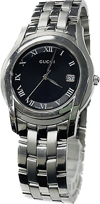 #ad Gucci 5500M BlackxSilver Date Indicator Quartz Watch 35mm Excellent A414