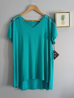 #ad Ava Viv Top Women Color Green Short Sleeve V Neck Rayon And Spandex New X 14W