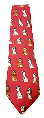 #ad Town Craft Red Silk Tie With Puppy Dogs in Santa Hats