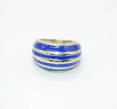 #ad Blue Enamel Striped Dome Silver Tone Statement Ring 7