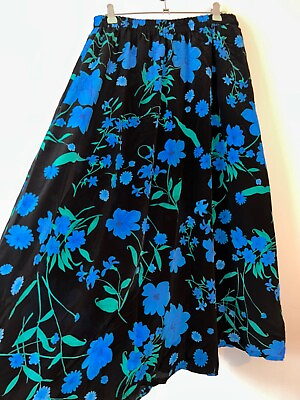 #ad Long Skirt Vintage Gypsy Black Floral Bohemian Size 14 16 Elasticated Retro Boho