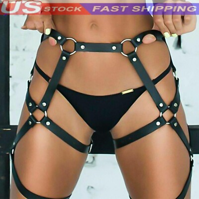 #ad Women Sexy High Waist Leg Strap Garter Faux Leather Body Harness Suspender Belt