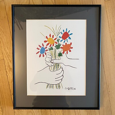 #ad Pablo Picasso Bouquet Of Peace Flowers 1958 Matted Metal Framed Art Print 18x15