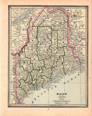 #ad 1886 Antique MAINE State Map Vintage George Cram Map of Maine Wall Decor 1304