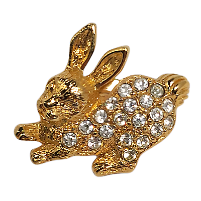 #ad Gold Tone Rhinestone Easter Bunny Rabbit Brooch Lapel Pin Vintage