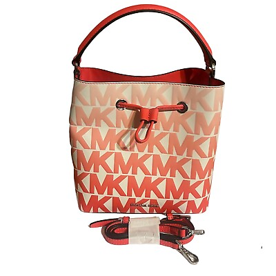 #ad Michael Kors NWOT Suri Logo Print Bucket Bag Messenger Coral MK Vegan Leather
