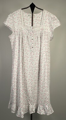 #ad Eileen West Cotton Nightgown Embroidered Accents Floral Print White Sz M NWOT