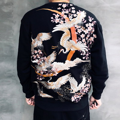 #ad Mens Terry Sweatshirt Japanese Pattern Embroidery Sweater Sakura Crane Unisex