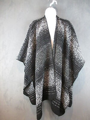 #ad Woolrich Poncho Womens One Size Black Striped Cozy Open Wrap Shawl