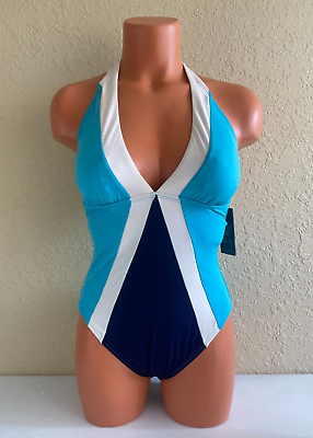 #ad Vince Camuto Womens Color Block Halter One Piece Swimsuit Deep Sea Size 10
