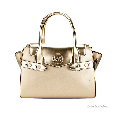 #ad Michael Kors Carmen Medium Pale Gold Saffiano Leather Satchel Purse Bag