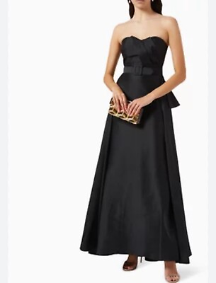 #ad Badgley Mischka Strapless Black Gown Mikado $990 Pleated ALine Peplum Gown SZ 10