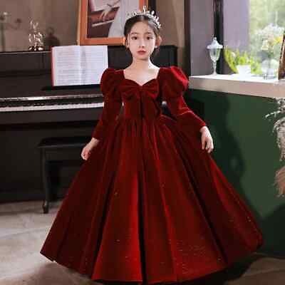 #ad Prom Elegant Dress Girls Red Velvet Long Evening Dresses Kid Ball Gown Partywear
