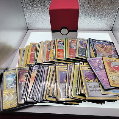 #ad 100 Lot Pokemon Cards Vintage Modern Collection INCLUDES Poke Ball Deck Box