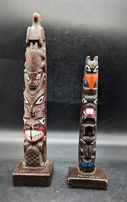#ad Lot 2 Vintage Authentic Alaskan Casted Resin Totem Pole Handmade Native American