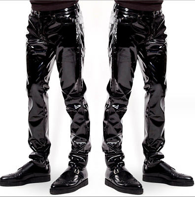 #ad Mens Trousers Patent Leather Long Pants Motorcycle Zipper Leather Pants Size Hot