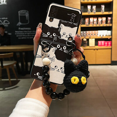#ad Cute Black Cat Pom Pom Handbag Chain Phone Case for Samsung Galaxy Z Flip 3 4