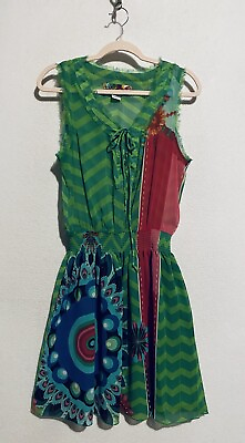 #ad Desigual Dress Womens Medium Green Damen Kleid Smocked Waist Artsy Boho Colorful