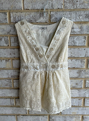 #ad Papaya Womens Flower Embroidered Lace Trim Lace Up Sleeveless Vest Top Size L