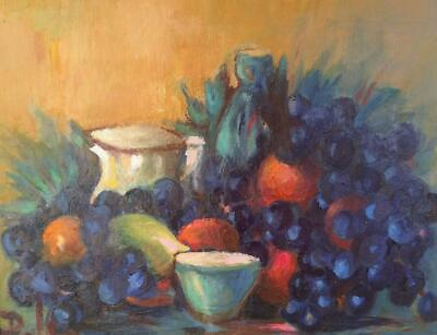 #ad Expressionist Oil Painting Still Life Art Fruit Grapes Pitcher Oranges Signed