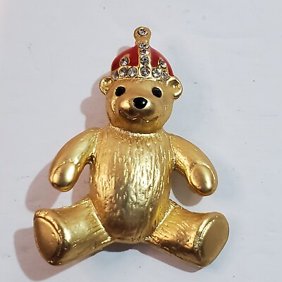 #ad Vintage Textured Gold Tone Metal Teddy Bear w Rhinestone Crown Brooch Pin