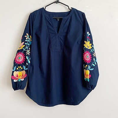 #ad Talbots Womens Embroidered Sleeve Poplin Top Floral Navy Blue Cotton Size L
