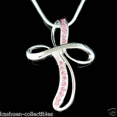 #ad Pink CROSS made with Swarovski Crystal Jesus Infinity Lord Religious Necklace