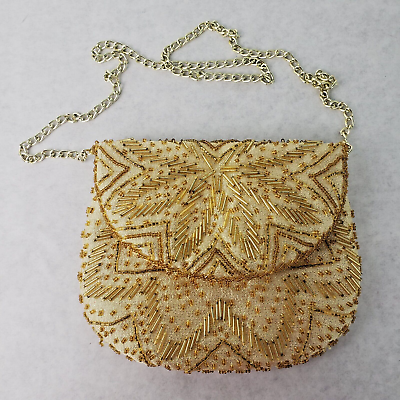 #ad Vintage Handmade Gold Beaded Purse Gold Chain Evening Bag