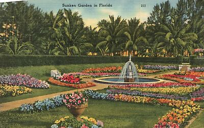 #ad Vintage Postcard Sunken Garden Palm Trees Flower Landscapes Fountain Florida FL