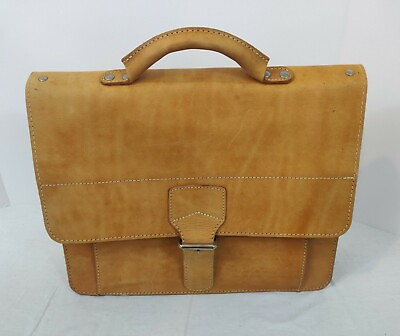 #ad Heavy Leather Messenger Laptop Bag w Shoulder Strap Vintage Beige Brown