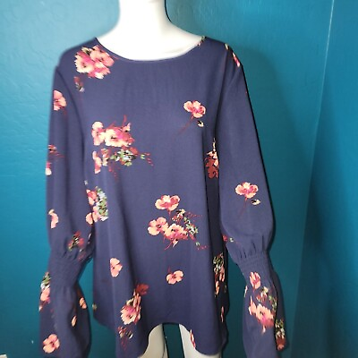 #ad Isabel Maternity XXL Long Bell Sleeve Navy Blue Floral Tunic Top