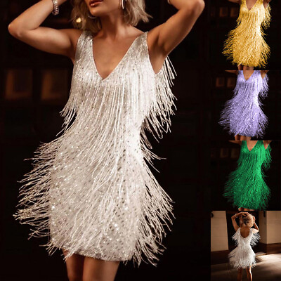 #ad Womens Glitter Fringe Tassel Bodycon Club Dress Evening Party Frill Mini Dresses