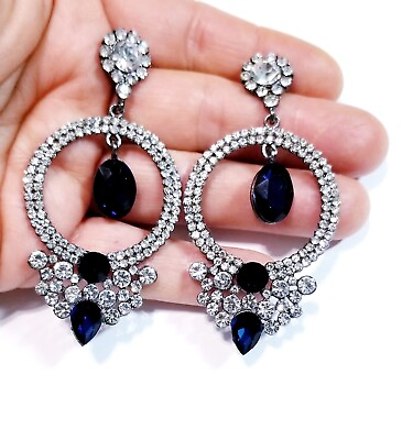 #ad Chandelier Rhinestone Crystal Pageant Bridal Earrings Navy Drop Dangle 3 inch