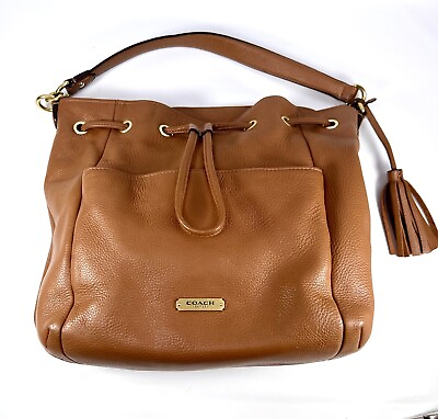 #ad Coach 27003 Hobo Avery Pebbled Leather Drawstring Bag Tassel Tan brown CLEAN.