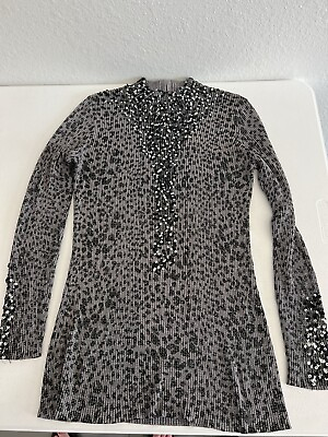 #ad BELLDINI Women#x27;s Knit Elegant Long Design Sweater Gray Size L Sequin Leopard