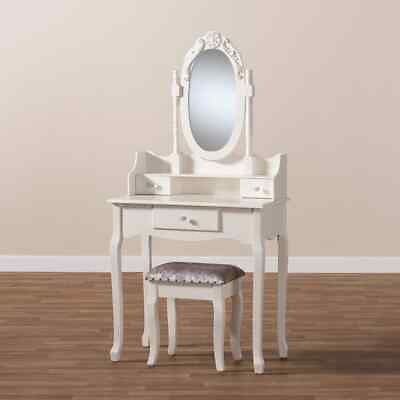 #ad 2 Piece White Bedroom Vanity Set 3 Drawers Mirrored Vanity Table and Ottoman