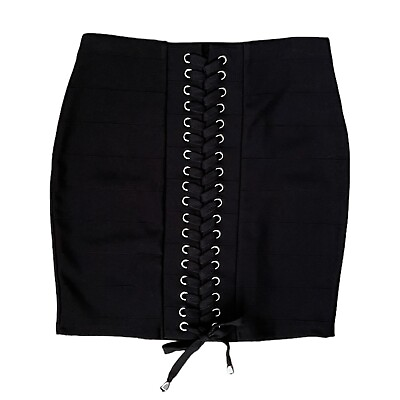 #ad HAUTE MONDE Black Bandage Bodycon Mini Skirt w Grommet amp; Lacing Detail sz M