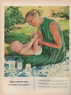 #ad 1955 Johnson amp; Johnson Baby Oil Lotion Power Weather Summer Mother Print Ad