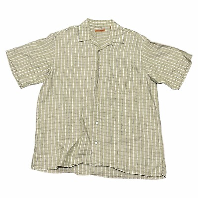 #ad Vintage 100% Linen Shirt Men Medium Green Beige Plaid Collared Casual Button Up