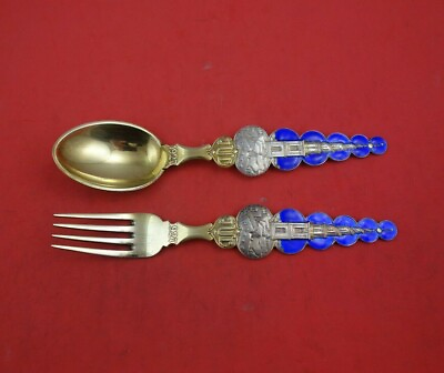 #ad Christmas by A. Michelsen Sterling Silver Fork and Spoon Set 2pc 1927 Vermeil