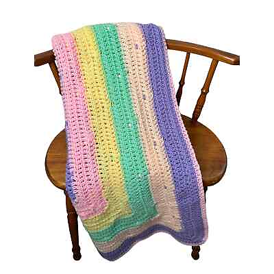 #ad Beautiful Pastel Stripe Handmade Blanket Afghan Crochet 56quot; x 56quot;