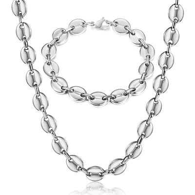 #ad 7mm Silver Stainless Steel Marina Link Bracelet Necklace Jewelry Set for Unisex