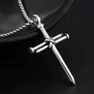 Men#x27;s Christ Jesus Nail Rope Cross Pendant Necklace Christian Jewelry Chain 24quot;