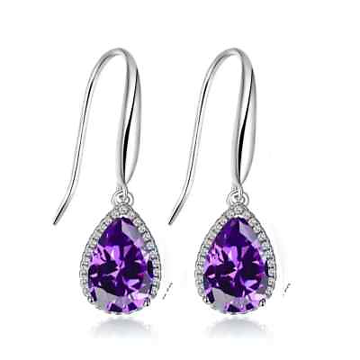 #ad Paris Jewelry 14k White Gold 1 Ct Created Amethyst CZ Teardrop Earrings Plated